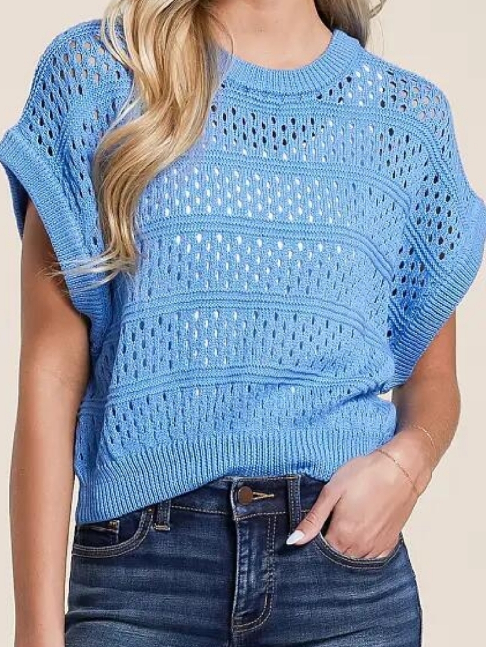 Willow & Root Open Knit Dolman Short Sleeve Sweater Provence Blue Large